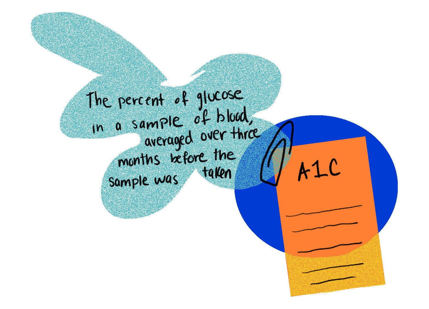 An illustration showing the definition of the term A1C. On a white background is a dark blue circle and a light blue shape. With a drawing of a paperclip on the dark blue circle, an orange rectangle has the word A1C. The other light blue shape has the words: The percent of glucose in a sample of blood, averaged over three months before the sample was taken.