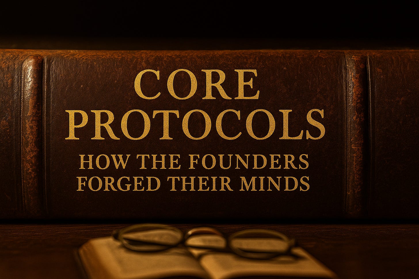 A close-up of a single antique book spine with the title “Core Protocols: How the Founders Forged Their Minds” embossed in gold lettering. The background is dark and uncluttered, emphasizing the aged leather texture and classical design.