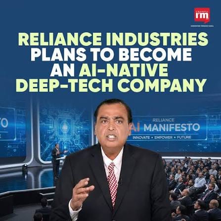 Mukesh Ambani has unveiled a draft AI manifesto for Reliance Industries,  aiming to make the company AI-native, improve productivity, and expand AI-driven  innovation across its businesses and philanthropic initiatives. 𝒇𝒐𝒓  𝒎𝒐𝒓𝒆 𝒅𝒆𝒕𝒂𝒊𝒍𝒔