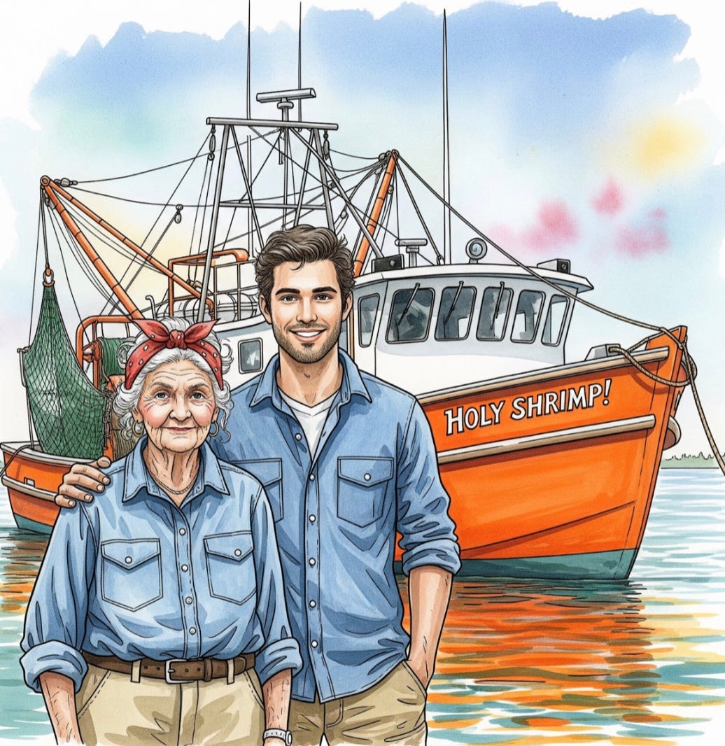 Cartoon image of Ms. Odessa and her grandson in front of her shrimp boat Cartoon image of Ms. Odessa and her grandson in front of her shrimp boat