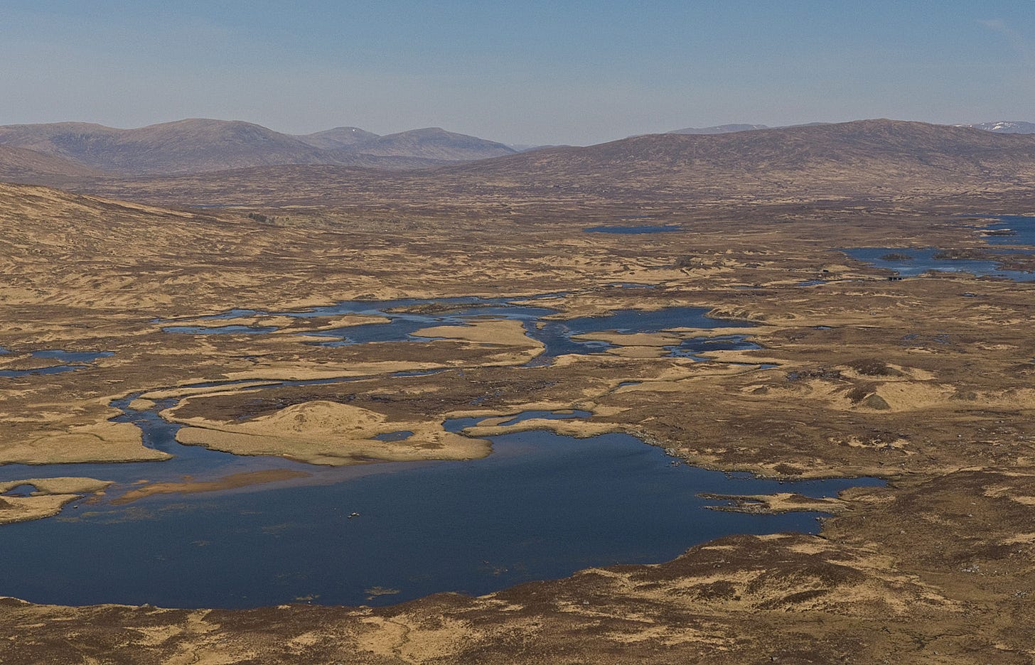 brown/beige moor, lochs, rivers