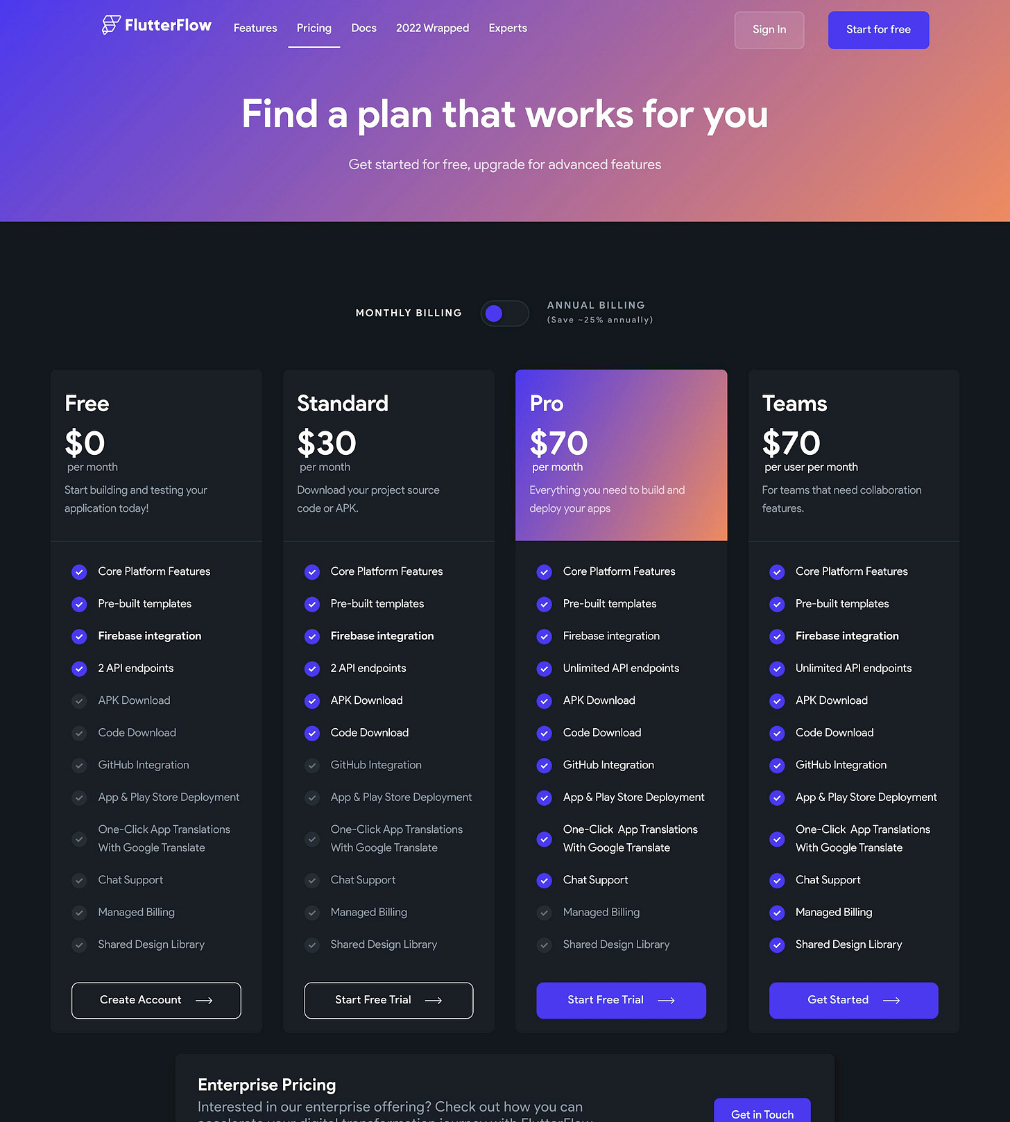 FlutterFlow Pricing Page