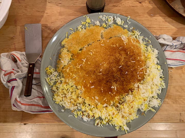 Two images: saffron-colored rice with crispy shell, and a closeup of a meal with rice, chicken, vegetables, and pomegranate seeds
