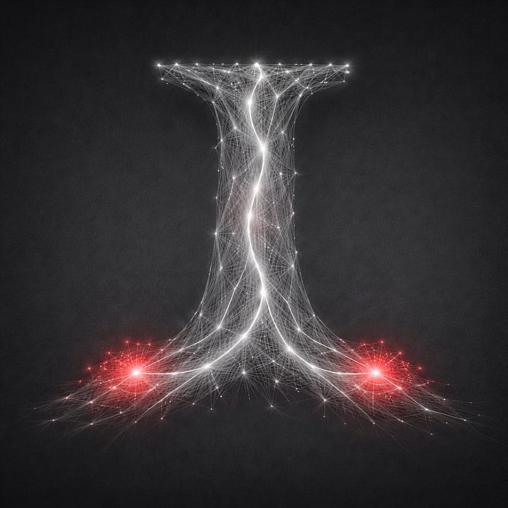 Four square abstract images on dark backgrounds, each showing a luminous, branching white form resembling a vertically oriented column or hourglass made of fine, thread-like lines and points of light; in each image, small red glowing elements appear in different positions along or near the form, creating subtle variations across the set.