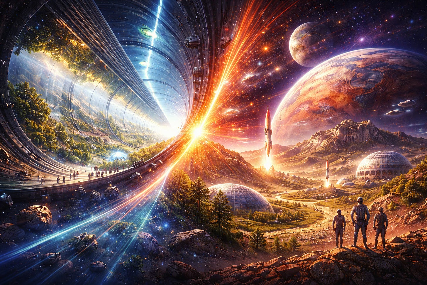 A detailed sci-fi illustration showing two visions of human expansion: a vast cylindrical space habitat with forests and people walking inside on the left, and a planetary landscape with domed cities, rockets launching, and distant planets on the right, divided by a glowing burst of light at the center.