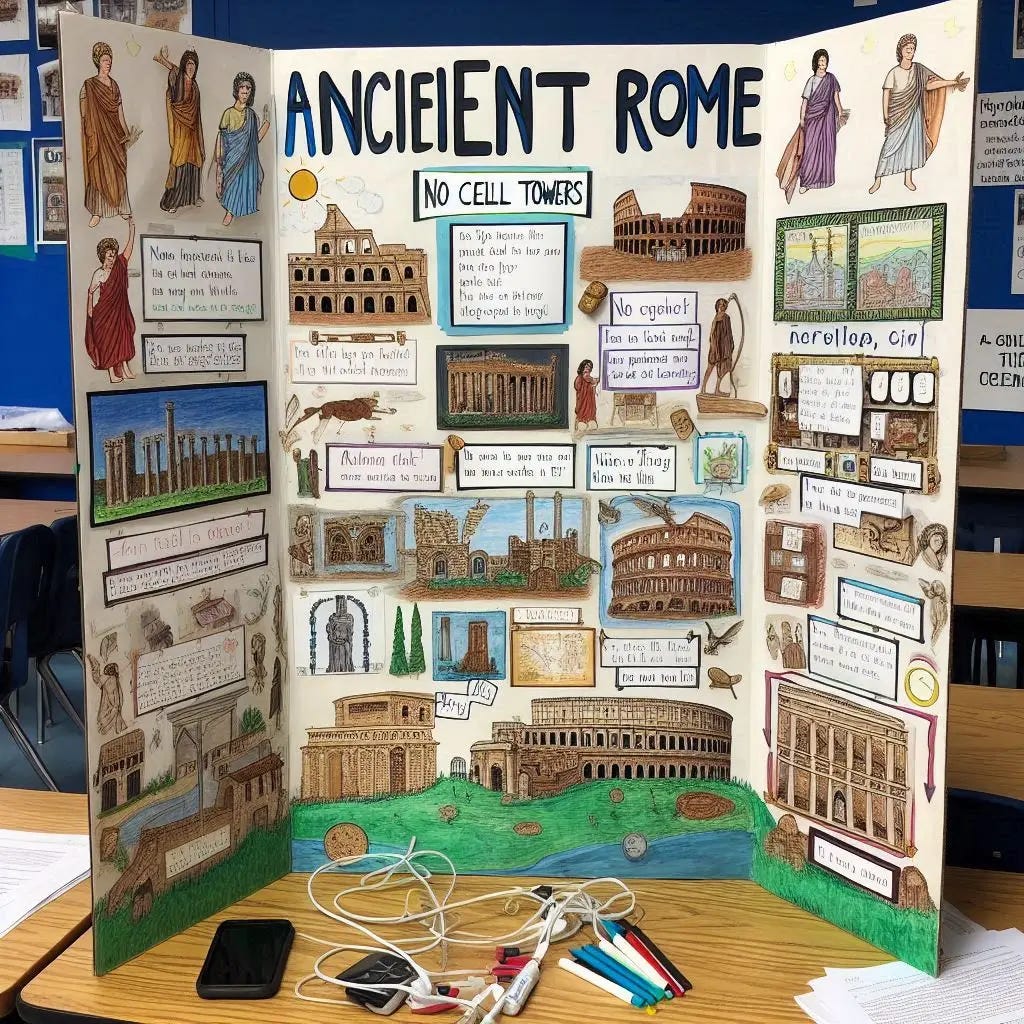 A trifold science project board titled "ancient rome" with captions stating "no cell towers" "no charging cables" and "A girl named Aurara" A trifold science project board titled "ancient rome" with captions stating "no cell towers" "no charging cables" and "A girl named Aurara"