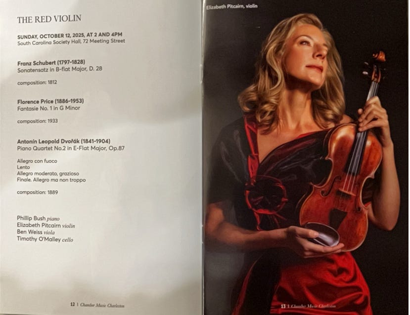 The Red Violin.  A 1720 Red Mendelssohn Stradivarius.  Fascinating history of this particular Stradivarius violin.  Purchased at auction in 1990 by a grandfather for his granddaughter's 16th birthday at $1.7M and it is estimated the value today is $16M.  Regardless, it was played masterfully last night at a CMC event downtown Charleston, and Sharon and I had the opportunity to attend.  There is even a movie about the history and travels of this instrument.  https://youtu.be/3feDUcDRNAg  and the history is found here:  https://www.elizabethpitcairn.com/stradivarius/