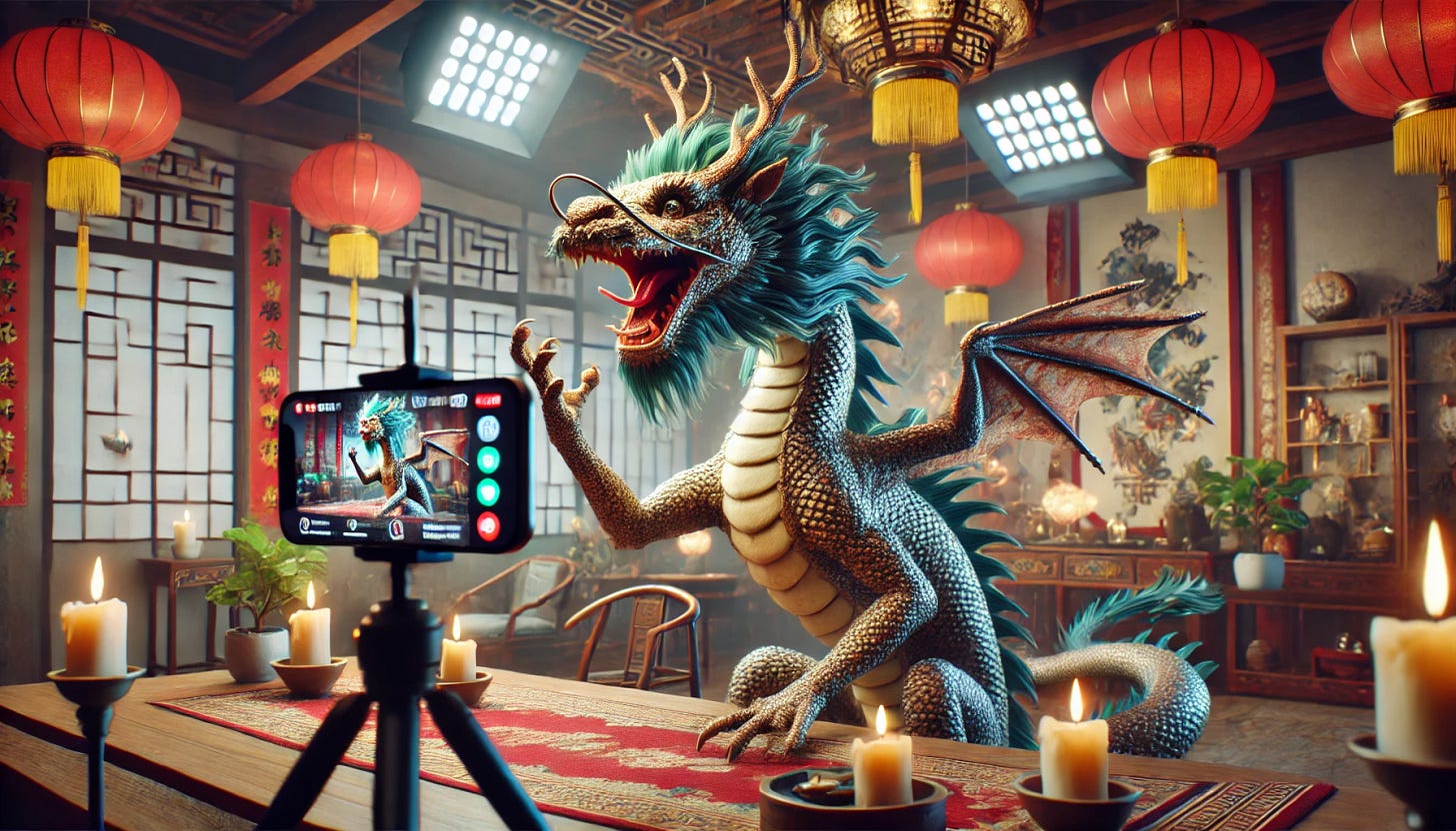 A wide aspect ratio image imagining a Chinese dragon in human form, live-streaming on a smartphone. The dragon has human-like features while retaining its mythical characteristics, such as scales and horns. It is enthusiastically speaking into a smartphone, with a lively background that includes streaming equipment like lights and a tripod. The setting is a modern room filled with Chinese cultural elements, like traditional decorations and symbols. The overall atmosphere is dynamic and imaginative, capturing the fusion of ancient mythology with modern technology.