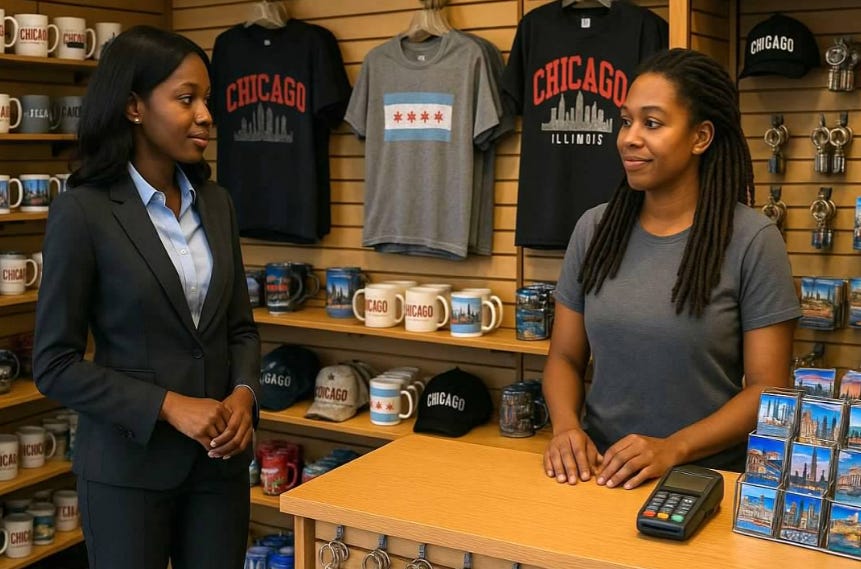 Two Black women stand in a Chicago gift shop