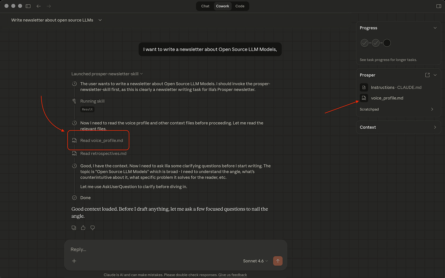 Cowork session showing Claude immediately referencing the context - no setup prompt, no re-explaining, just Claude starting from where you left off