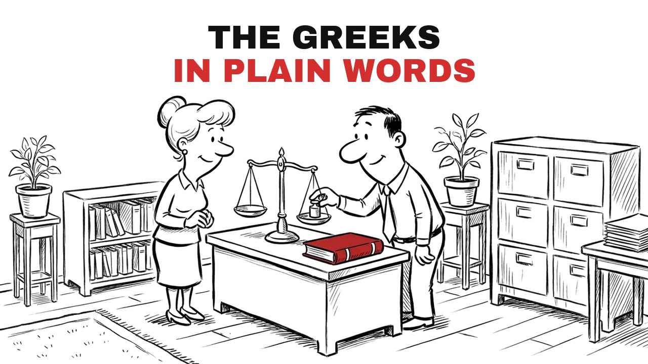 Cartoon: the mentor sets a small weight on a balance scale at the desk while a student watches it level out, a red book beside it, titled The Greeks, In Plain Words. Cartoon: the mentor sets a small weight on a balance scale at the desk while a student watches it level out, a red book beside it, titled The Greeks, In Plain Words.