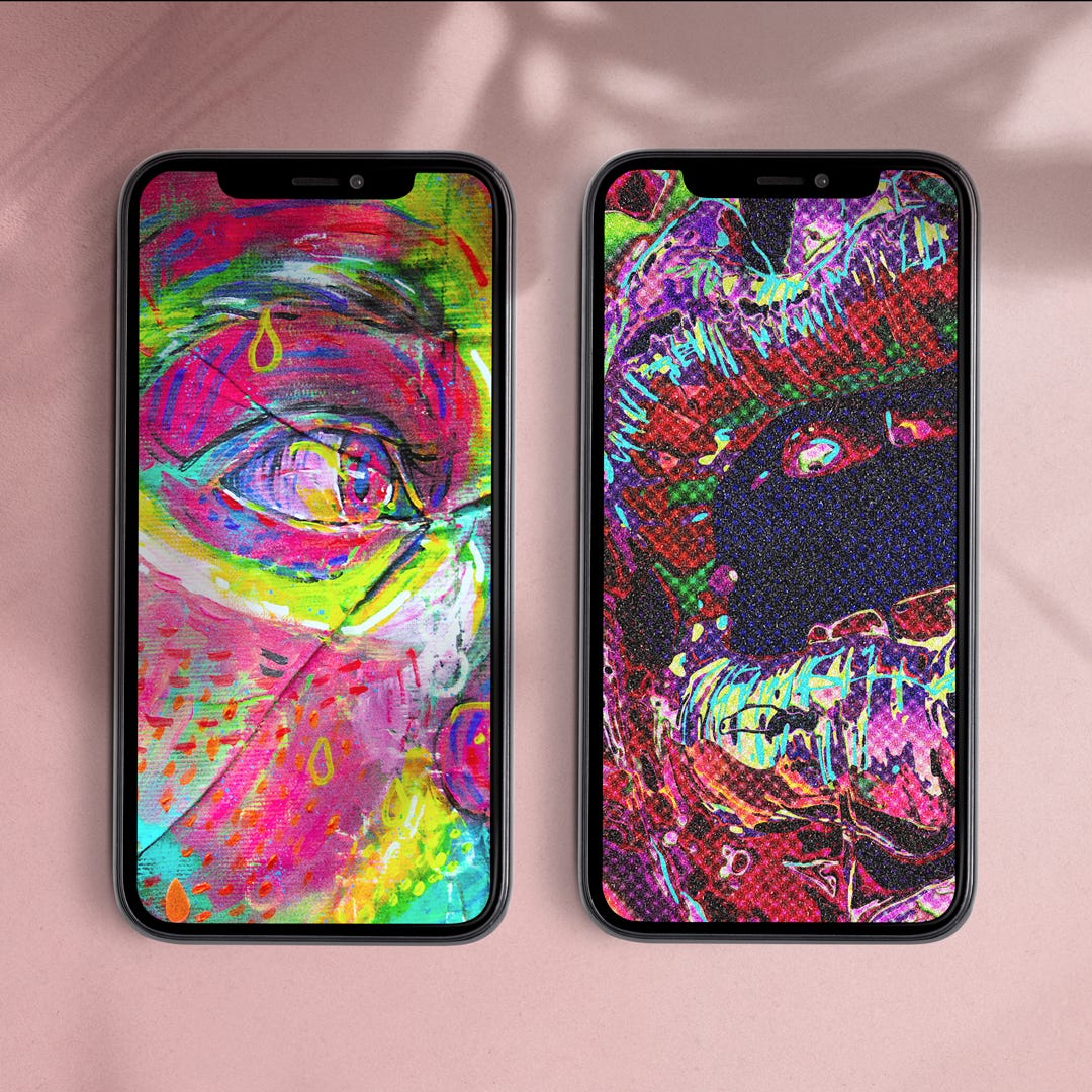 Preview of phone wallpapers with two iPhone style phones laying on a pink surface.