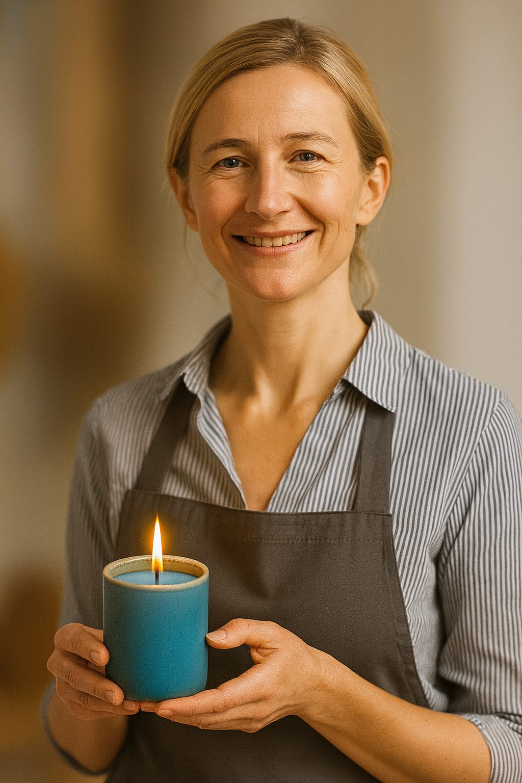 cathy the candlestick maker holds up a candle