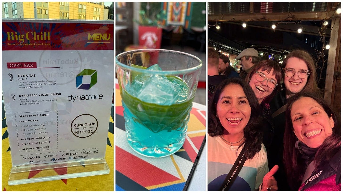 Three photos from the Big Chill event: a bar menu with signature cocktails, a blue-green cocktail in a glass, and people socializing under string lights.