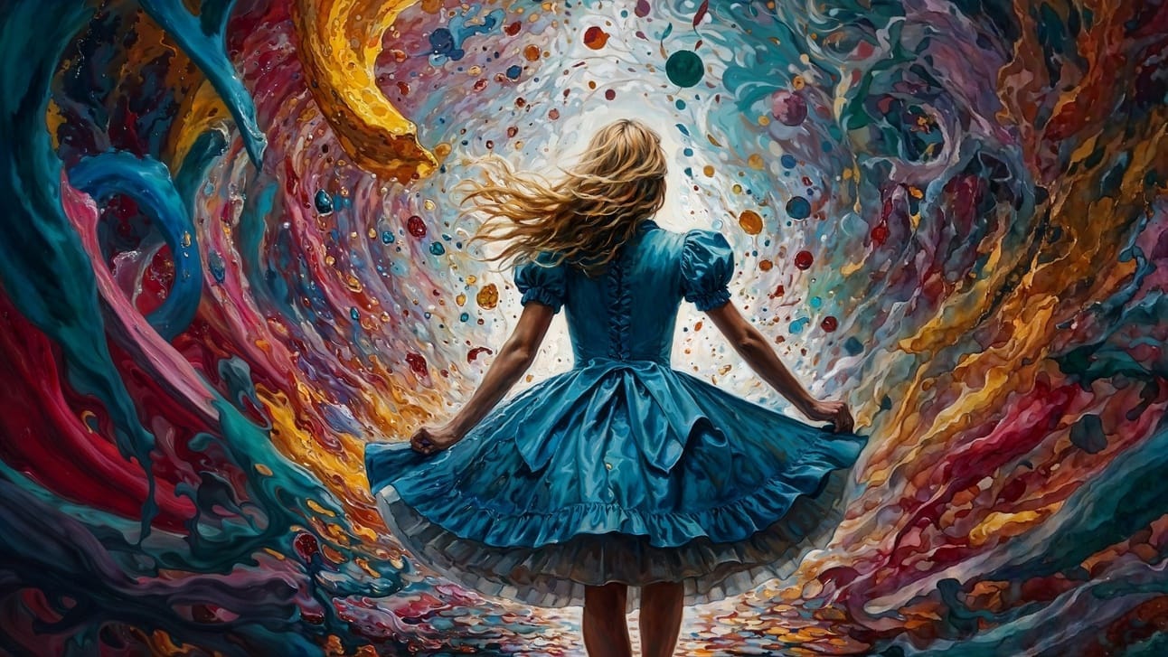 Alice, from Alice in Wonderland, looks over her shoulder as she faces the abyss with confidence