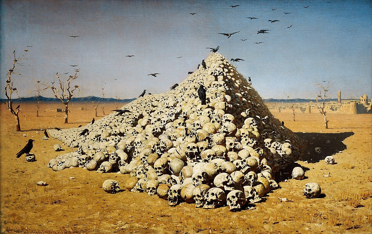 Vereshchagin's pyramid of skulls on yellow sand, with black crows, dead trees and a distant fortress