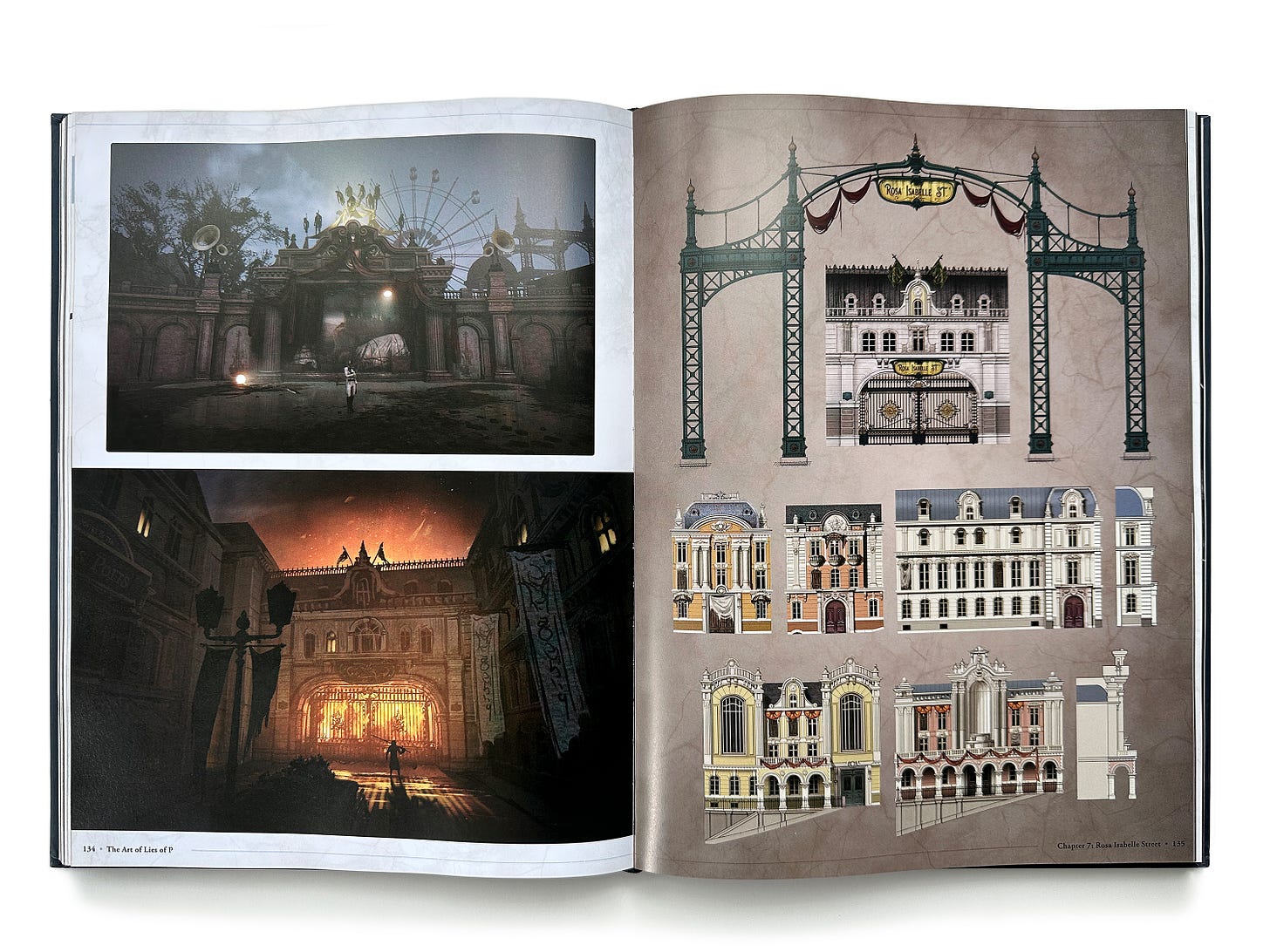 Photography of an open art book, displaying a double-page spread with illustrations of grand architectural street scenes (one on fire) and architectural drawings of buildings. Photography of an open art book, displaying a double-page spread with illustrations of grand architectural street scenes (one on fire) and architectural drawings of buildings.