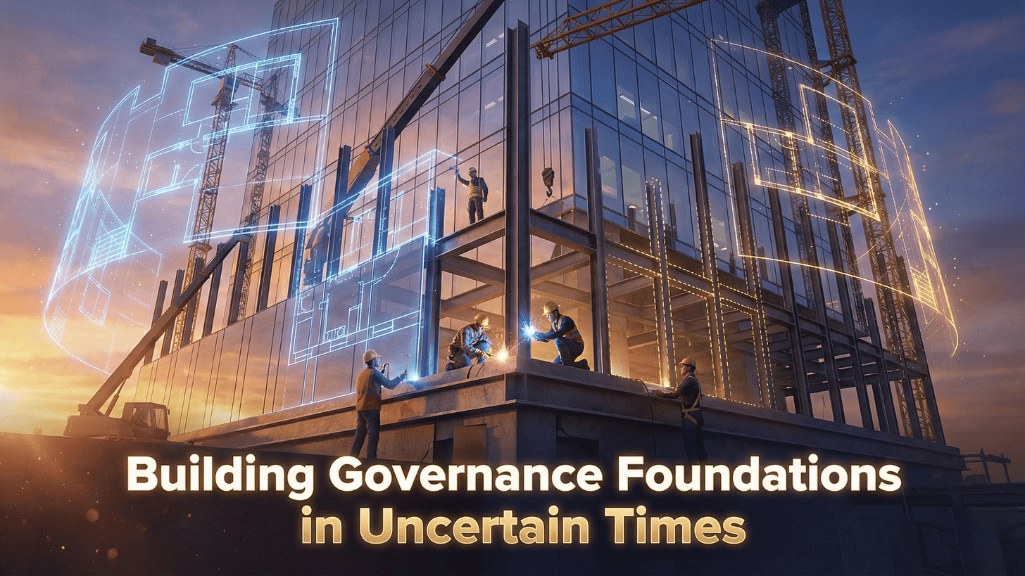 Conceptual image of building construction with solid and flexible elements, representing governance frameworks built during regulatory uncertainty. Conceptual image of building construction with solid and flexible elements, representing governance frameworks built during regulatory uncertainty.