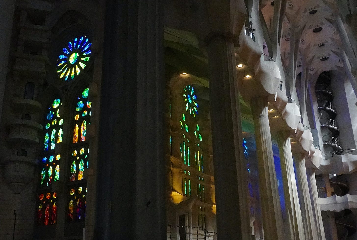 Stained glass windows, column trees, and the celestial cieling of La Sagrada Família