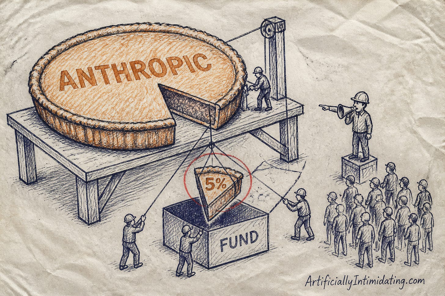 A giant rust-orange pie stamped ANTHROPIC with a slice marked 5% being lowered by tiny workers into a box labeled FUND, while a man in a hard hat with a megaphone urges a crowd to take the slices directly.