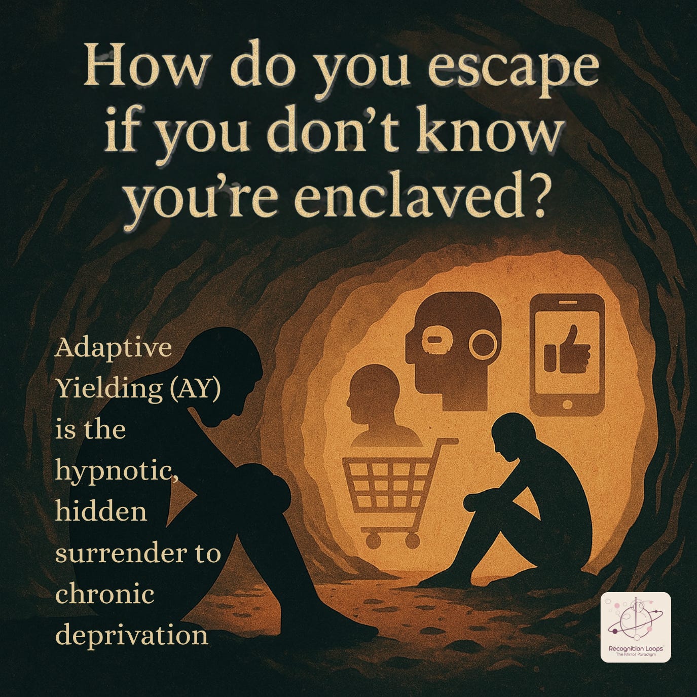 Illustration of shadowy figures trapped inside a cave, sitting in despair while watching projected icons on the cave wall — a shopping cart, a robot head, and a social media thumbs-up. The scene echoes Plato’s cave, symbolising how Adaptive Yielding creates hidden prisons of perception where people mistake deprivation and control for reality. Text on the image reads: “How do you escape if you don’t know you’re enclaved? Adaptive Yielding (AY) is the hypnotic, hidden surrender to chronic deprivation.”