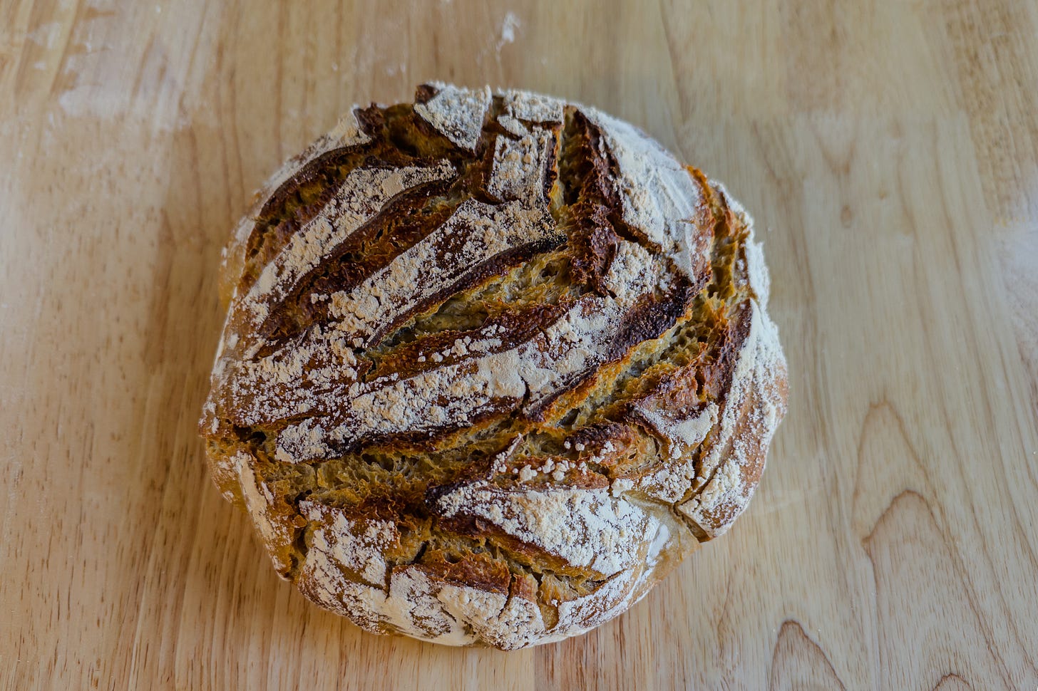 Von oben fotografiertes, rundes Sauerteigbrot auf einem hellen Holztisch. Der Laib aus Hartweizen, Weizenvollkorn und Malzmehl hat eine markant rustikale Kruste: hell bemehlte Flächen wechseln mit tief dunkelbraunen, kräftig gerösteten Ausbrüchen. Die Einschnitte und natürlichen Risse haben sich weit geöffnet, sodass eine unregelmässige, fast zerklüftete Oberfläche entstanden ist. Die Kruste wirkt dick, rösche und aromatisch, mit kräftiger Bräunung und deutlichen Röstaromen. Von oben fotografiertes, rundes Sauerteigbrot auf einem hellen Holztisch. Der Laib aus Hartweizen, Weizenvollkorn und Malzmehl hat eine markant rustikale Kruste: hell bemehlte Flächen wechseln mit tief dunkelbraunen, kräftig gerösteten Ausbrüchen. Die Einschnitte und natürlichen Risse haben sich weit geöffnet, sodass eine unregelmässige, fast zerklüftete Oberfläche entstanden ist. Die Kruste wirkt dick, rösche und aromatisch, mit kräftiger Bräunung und deutlichen Röstaromen.