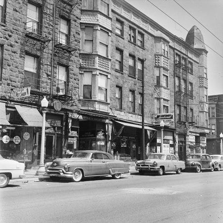 Storefronts on the 1300 block of East 55th Street in Hyde Park-Kenwood - Mead, Mildred