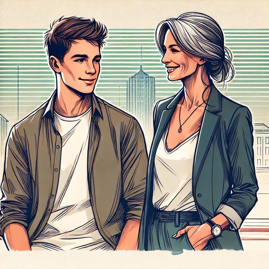 An artistic spot illustration showing a young man in his early 20s and a woman in her late 30s standing together, casually smiling at each other in a relaxed setting. The scene captures their age difference subtly but focuses on mutual respect and connection. The young man has a modern, laid-back style with short hair, while the older woman is confidently dressed with a more mature, chic look. The background features a minimalist, abstract cityscape to represent their modern urban life, with soft lines and colors to emphasize the relationship without overpowering the figures.