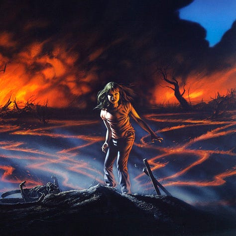 LEFT: Detail from FIRESTARTER of Charlie at the full height of her power. On her right, broken fence posts are tangled with barbed wire. To her left is the burnt husk of a human. Lines of fire in the field behind zig-zag like lightning bolts. Following them to the foreground, they all originate from her. CENTER: Figure detail from FIRESTARTER featuring a young girl cast in dramatic shadow. Her sandy blonde hair sways with motion as she locks eyes on the audience. Her fingers are tense, directing the motion of flame that radiates through the blackened field behind her. She crests a charred hill passing fence posts tangled in barbed wire. Light crosses the hill illuminating the artist sigil, the stylized letters M and W bound within a circle, etched in the ground with the copyright date. RIGHT: Close detail from FIRESTARTER featuring the charred husks of two humans reduced to little more than skeletal remains. Blue-gray smoke wafts off the corpses with the agony of death apparent in the clench of hands and tilt of head as its mouth is still open in a scream. In the background, a car is turned on its side. Lines of fire ignite in a zig zag pattern extending to the horizon. There a building stands in ruin with boards seen jutting out from the ground, lit in silhouette by a blaze. Massive black clouds obscure most of the night sky.