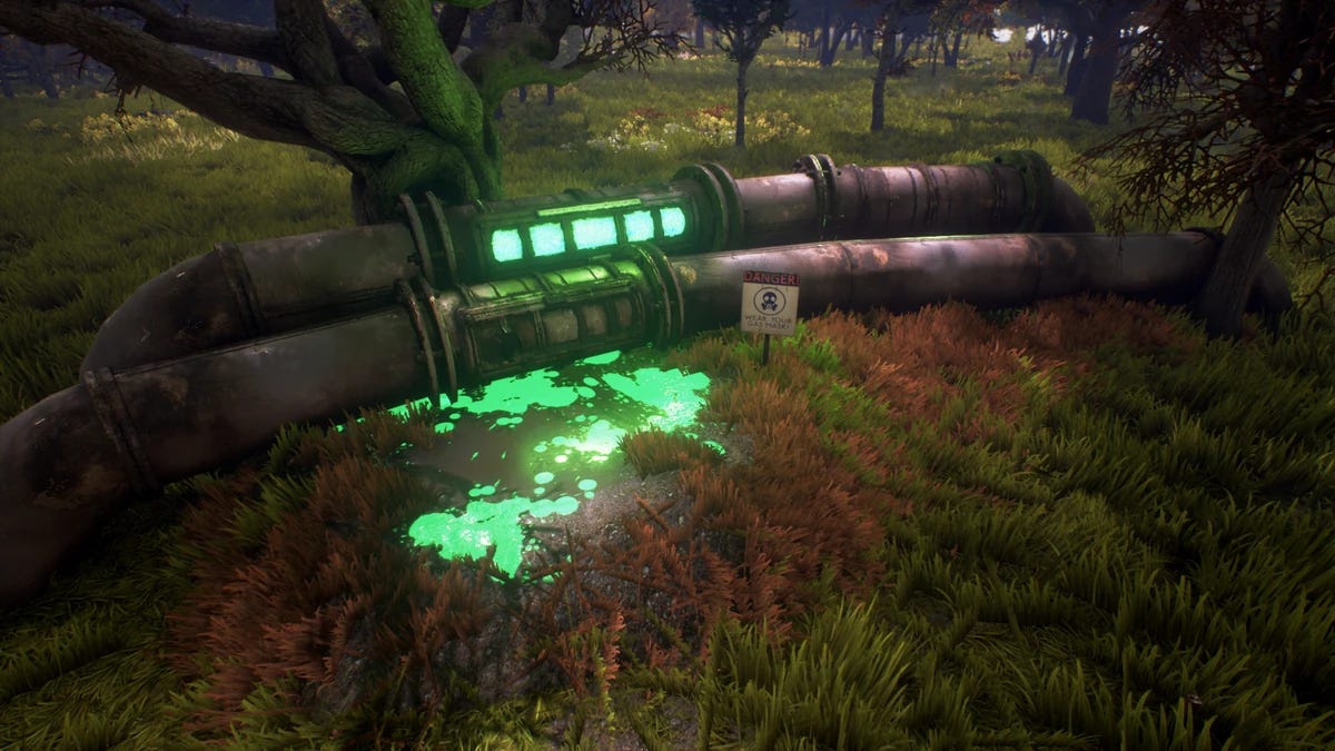 A screenshot from We Happy Few of a pipe coming out of the ground with glowing green liquid pooling around it and a sign warning of toxic gas. A screenshot from We Happy Few of a pipe coming out of the ground with glowing green liquid pooling around it and a sign warning of toxic gas.