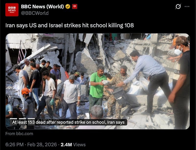 BBC post: Iran says US and Israel strikes hit school killing 108