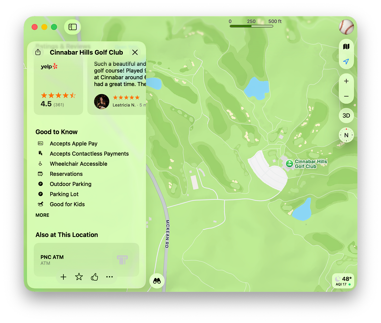 Apple Maps screenshot showing location of Cinnabar Hills Golf Club and information panel showing that Apple Pay is accepted. So Apple did't kill the golf course; it colonized it instead.
