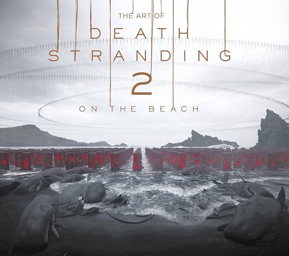 Cover for The Art of Death Stranding 2: On the Beach featuring a bleak, gray shoreline scattered with large stranded sea creatures. Rows of dark rectangular structures with glowing red lights stretch into the distance under a pale sky, with thin vertical strands hanging from above and the title centered in minimalist lettering.