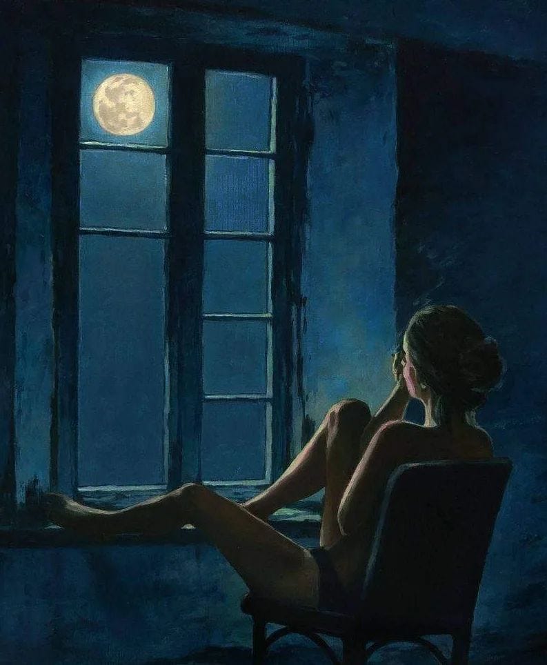 This image shows the painting "Lonely Moon" by Bulgarian artist Nikolay Ninov, depicting a figure gazing out a window at night. This image shows the painting "Lonely Moon" by Bulgarian artist Nikolay Ninov, depicting a figure gazing out a window at night.