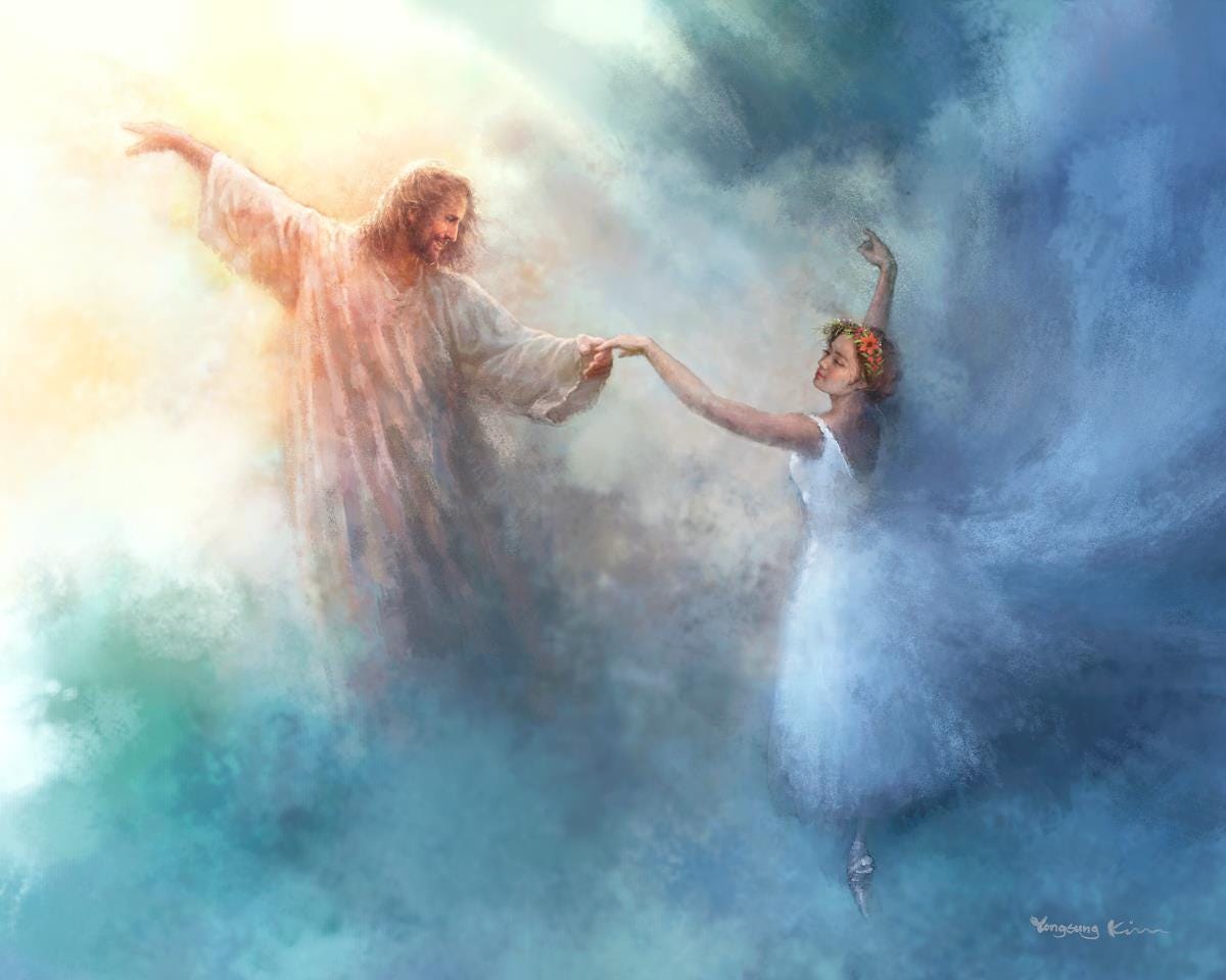 A Pas de Deux is a painting that depicts Jesus Christ dancing in the clouds with a ballerina - Yongsung Kim | Havenlight | Christian Artwork A Pas de Deux is a painting that depicts Jesus Christ dancing in the clouds with a ballerina - Yongsung Kim | Havenlight | Christian Artwork