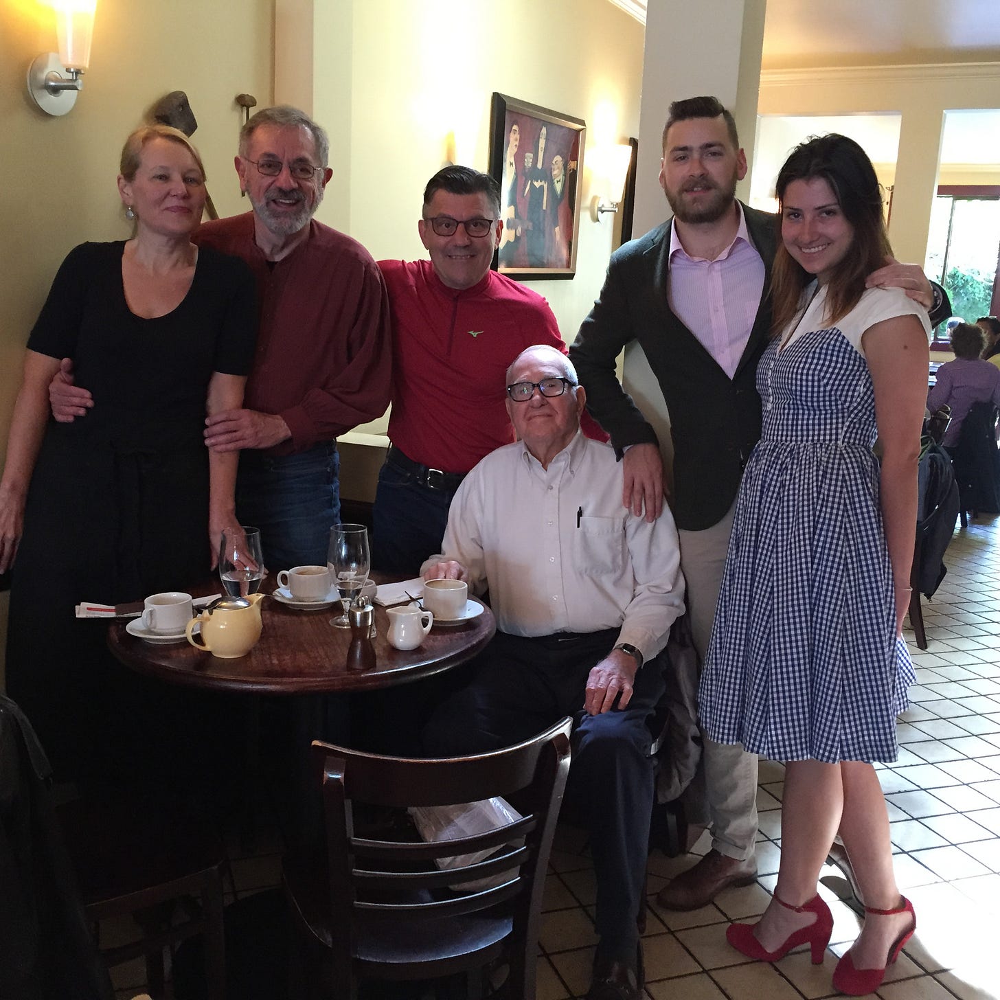 Photo of Roy and friends at our regular table at Le Zinc in 2015