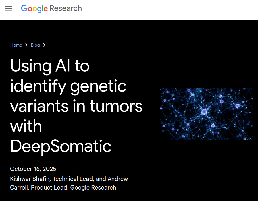 Black background webpage screenshot from Google Research blog titled Using AI to identify genetic variants in tumors with DeepSomatic. Features abstract blue network graph visualization of connected nodes representing genetic data. Text credits Marinka Zitnik as Technical Lead and Andrew as Product Lead at Google Research.