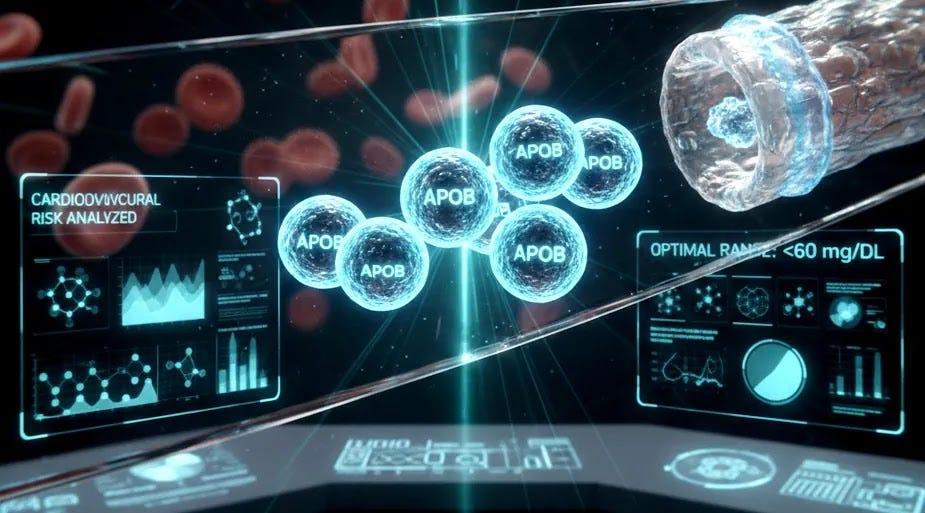 A clean graphic showing a blood vessel with particles, or a lab report highlighting the ApoB line.