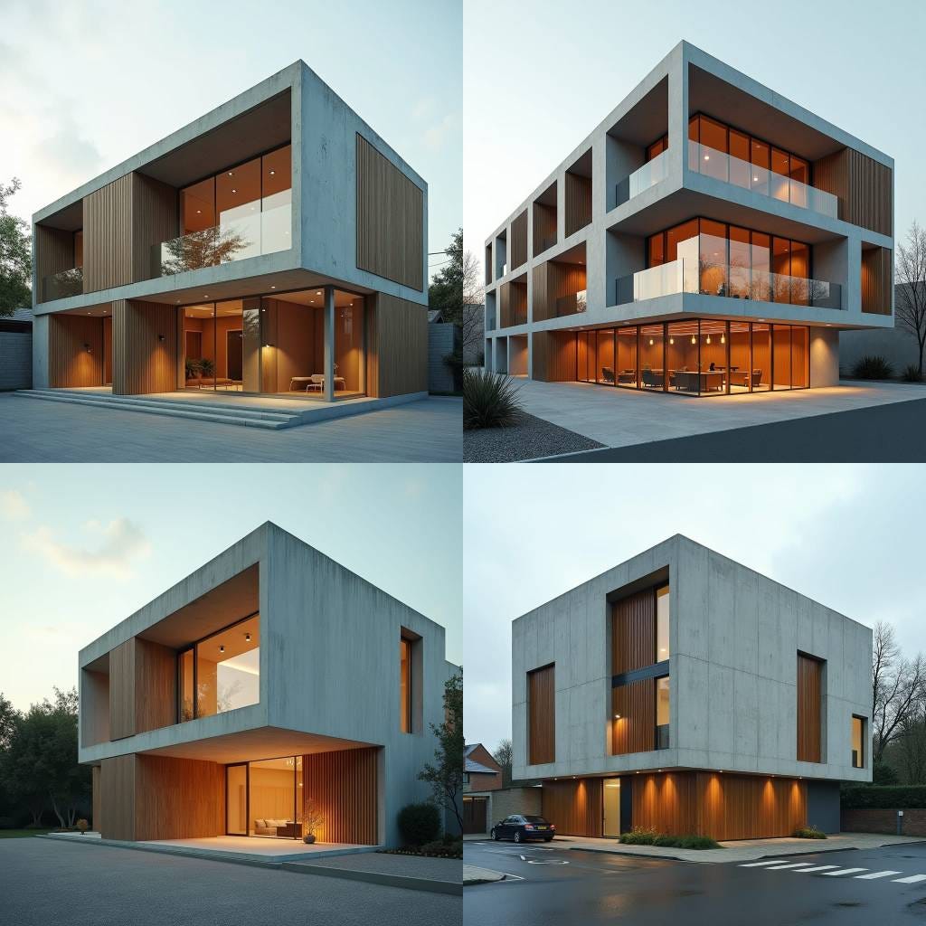 A basic commercial block, with a modular design using simple, rectangular shapes. The building is made of concrete with large windows, offering open spaces inside for flexible use. The exterior is accented with vertical wooden slats for a touch of warmth and texture. Modular design, concrete and wood, clean and functional.
