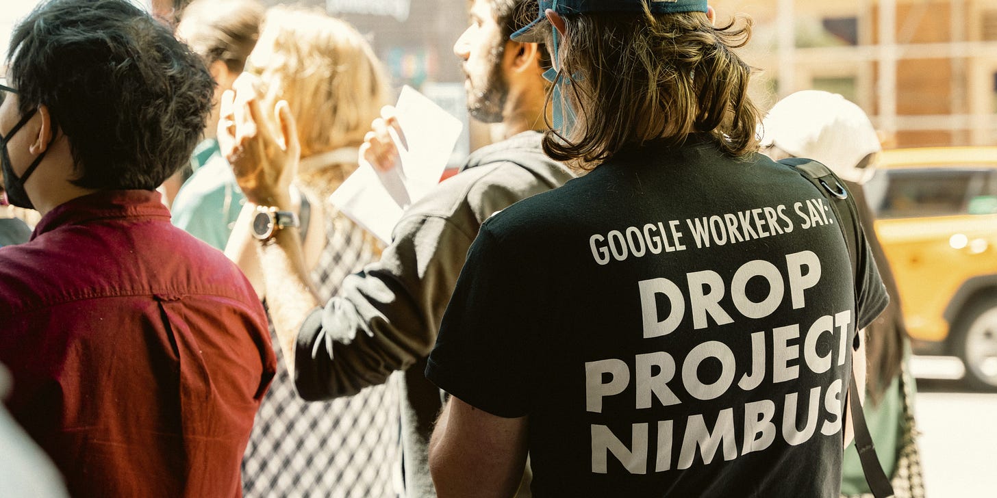 Tech workers from Google, Meta and Amazon protest against Big Tech supplying Israel with intelligence tools outside Google offices in Chelsea, Manhattan, NY, on Tuesday, April 16, 2024. (Photo by Cristina Matuozzi/Sipa USA)(Sipa via AP Images)