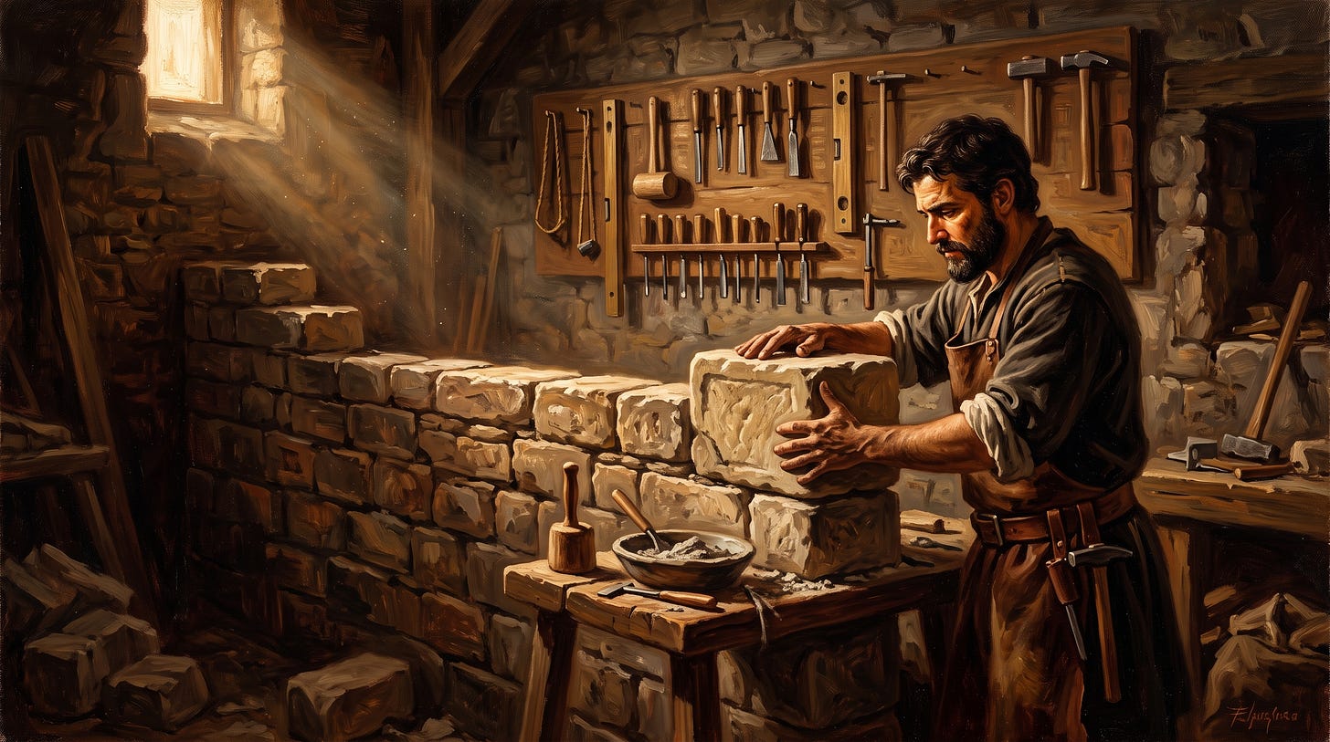 Craftsman building a stone wall, representing a reliable AI agent workflow built one task at a time