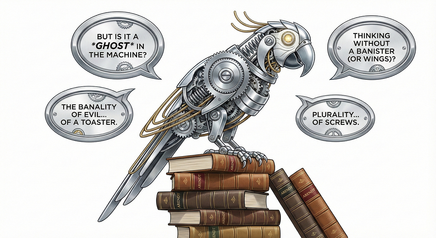 a mechanical parrot made of chrome and wires, perched on a stack of philosophy books labeled ‘Arendt’, surrounded by floating speech bubbles of text.