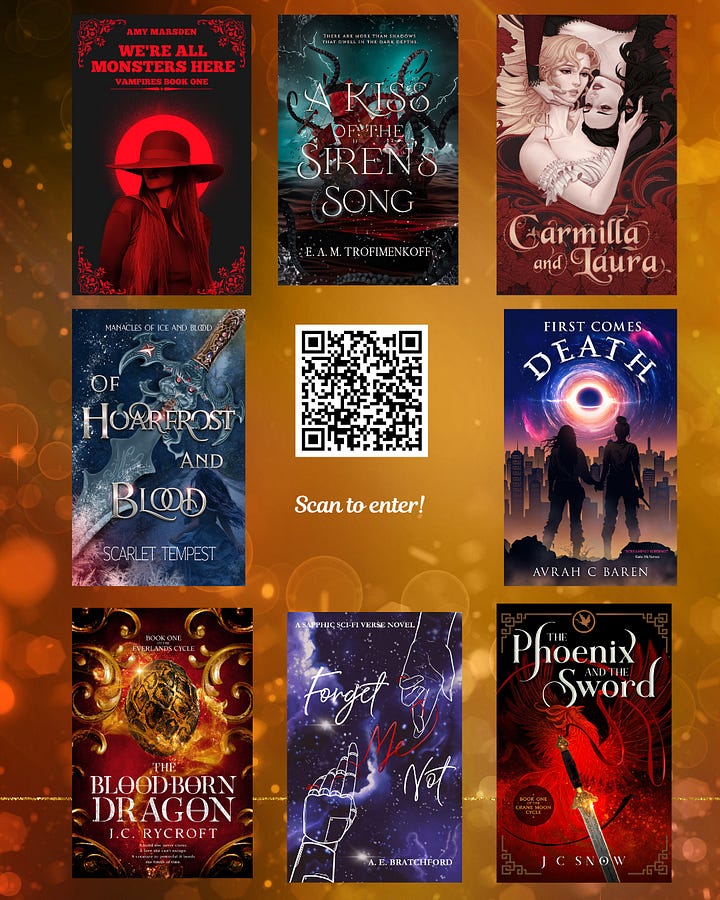 Sixteen sapphic sci fi and fantasy paperbacks and a QR code to enter the giveaway
