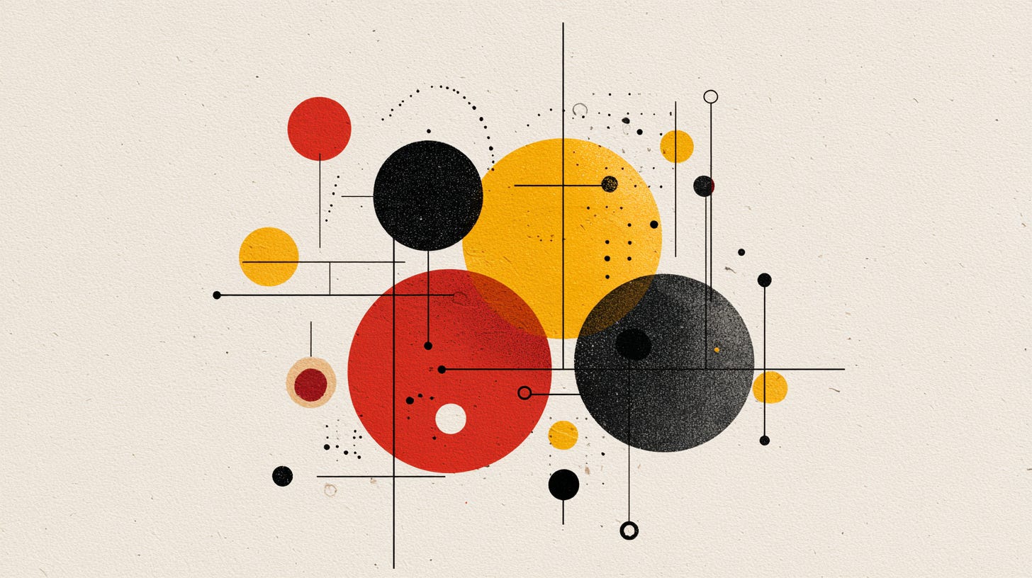 Red, black, and yellow circles in a beige background