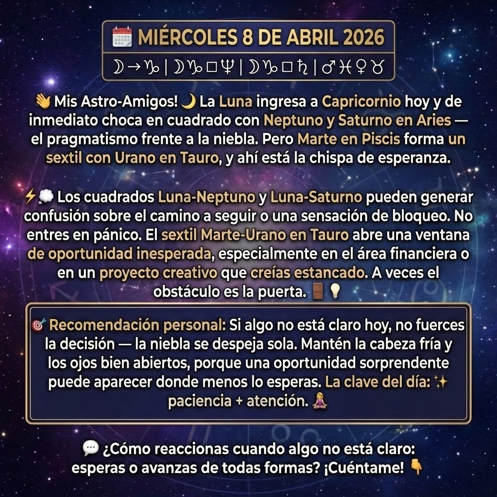 🗓️ MIÉRCOLES 8 DE ABRIL 2026
☽ → ♑ | ☽♑ □ ♆♈ | ☽♑ □ ♄♈ | ♂♓ ⚹ ♅♉

👋Mis Astro-Amigos 🌙
La Luna ingresa a Capricornio hoy y de inmediato choca en cuadrado con Neptuno y Saturno en Aries — el pragmatismo frente a la niebla. Pero Marte en Piscis forma un sextil con Urano en Tauro, y ahí está la chispa de esperanza. ⚡🌫️
Los cuadrados Luna-Neptuno y Luna-Saturno pueden generar confusión sobre el camino a seguir o una sensación de bloqueo. No entres en pánico. El sextil Marte-Urano en Tauro abre una ventana de oportunidad inesperada, especialmente en el área financiera o en un proyecto creativo que creías estancado. A veces el obstáculo es la puerta. 🚪💡
🎯 Recomendación personal: Si algo no está claro hoy, no fuerces la decisión — la niebla se despeja sola. Mantén la cabeza fría y los ojos bien abiertos, porque una oportunidad sorprendente puede aparecer donde menos lo esperas. La clave del día: paciencia + atención. 🧘‍♀️
💬 ¿Cómo reaccionas cuando algo no está claro: esperas o avanzas de todas formas? ¡Cuéntame! 👇
