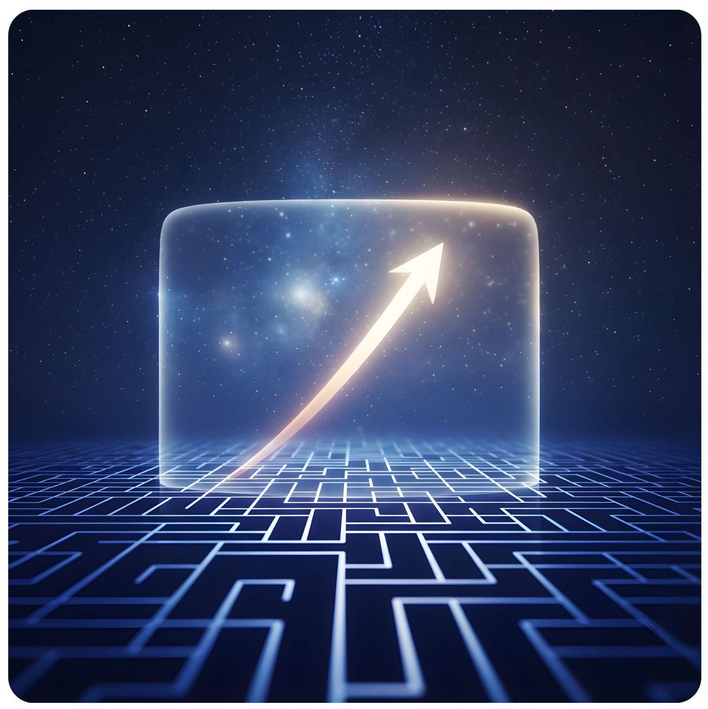 A glowing, upward-pointing arrow is encased within a translucent, rectangular prism that emits a soft light, set against a dark, starry night sky. The prism and arrow rest on a gridded, maze-like blue surface that recedes into the distance.