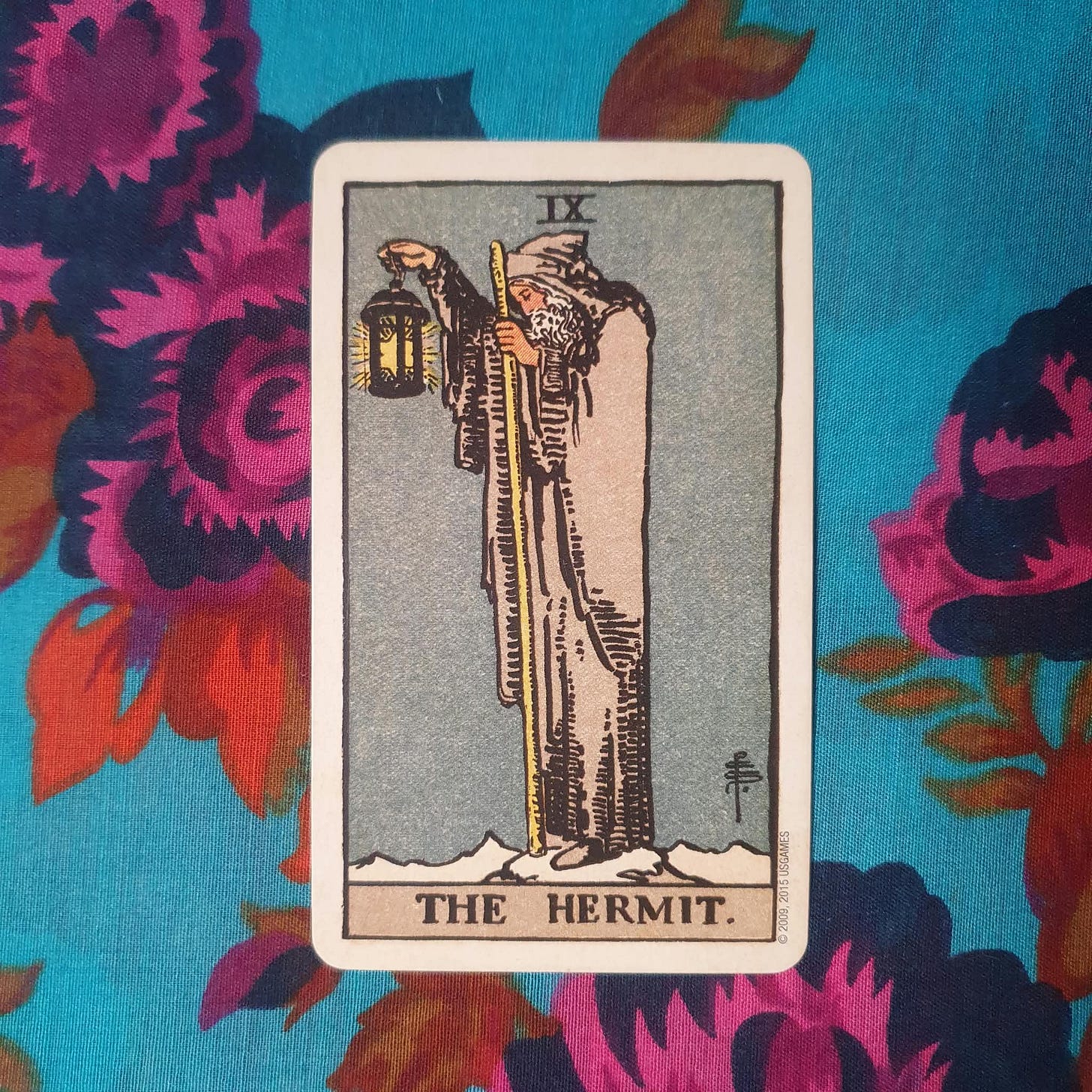 The Hermit: The Hermit card drawn during Boo Miller’s Tarot DMs interview, photographed on bright turquoise floral fabric. The Hermit: The Hermit card drawn during Boo Miller’s Tarot DMs interview, photographed on bright turquoise floral fabric.