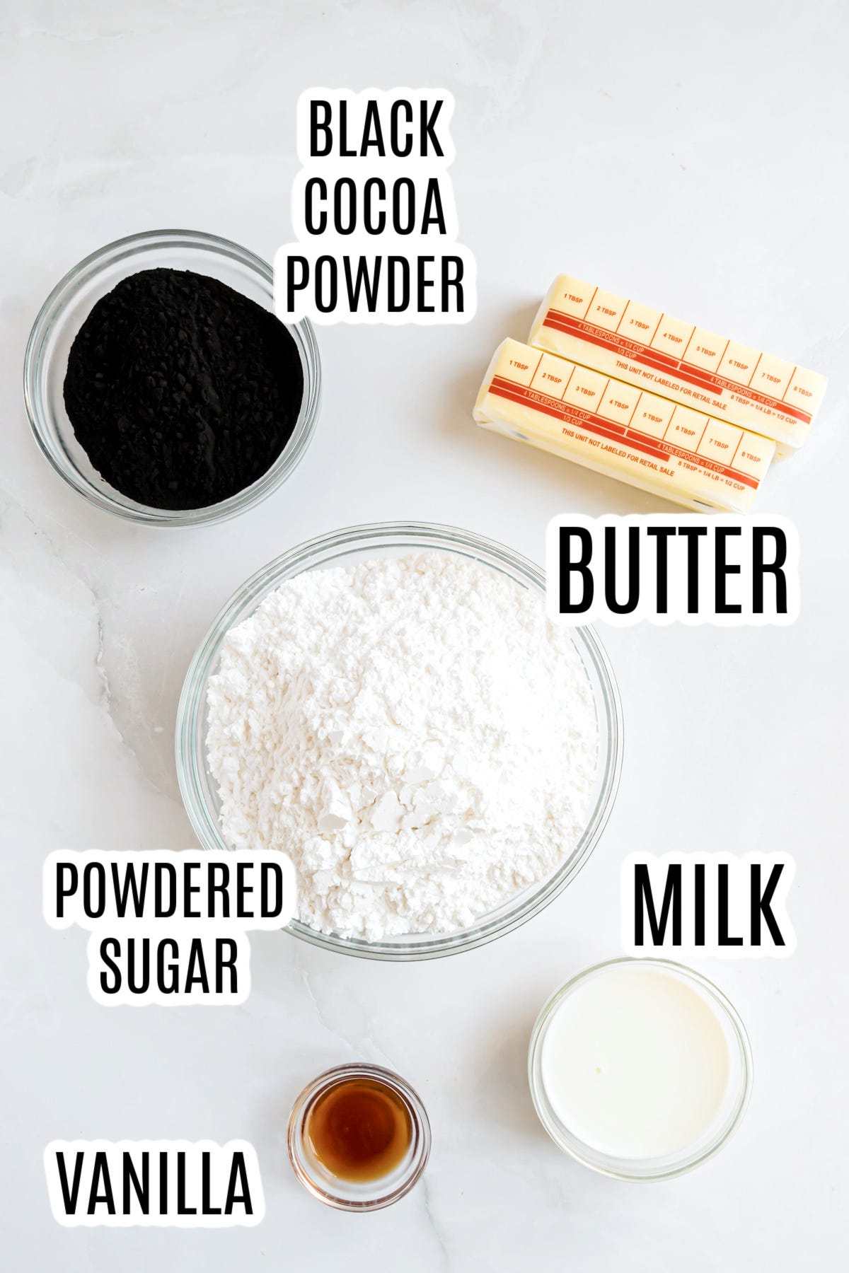 The ingredients needed to make the black frosting include black cocoa powder, unsalted butter, powdered sugar, milk and vanilla extract.