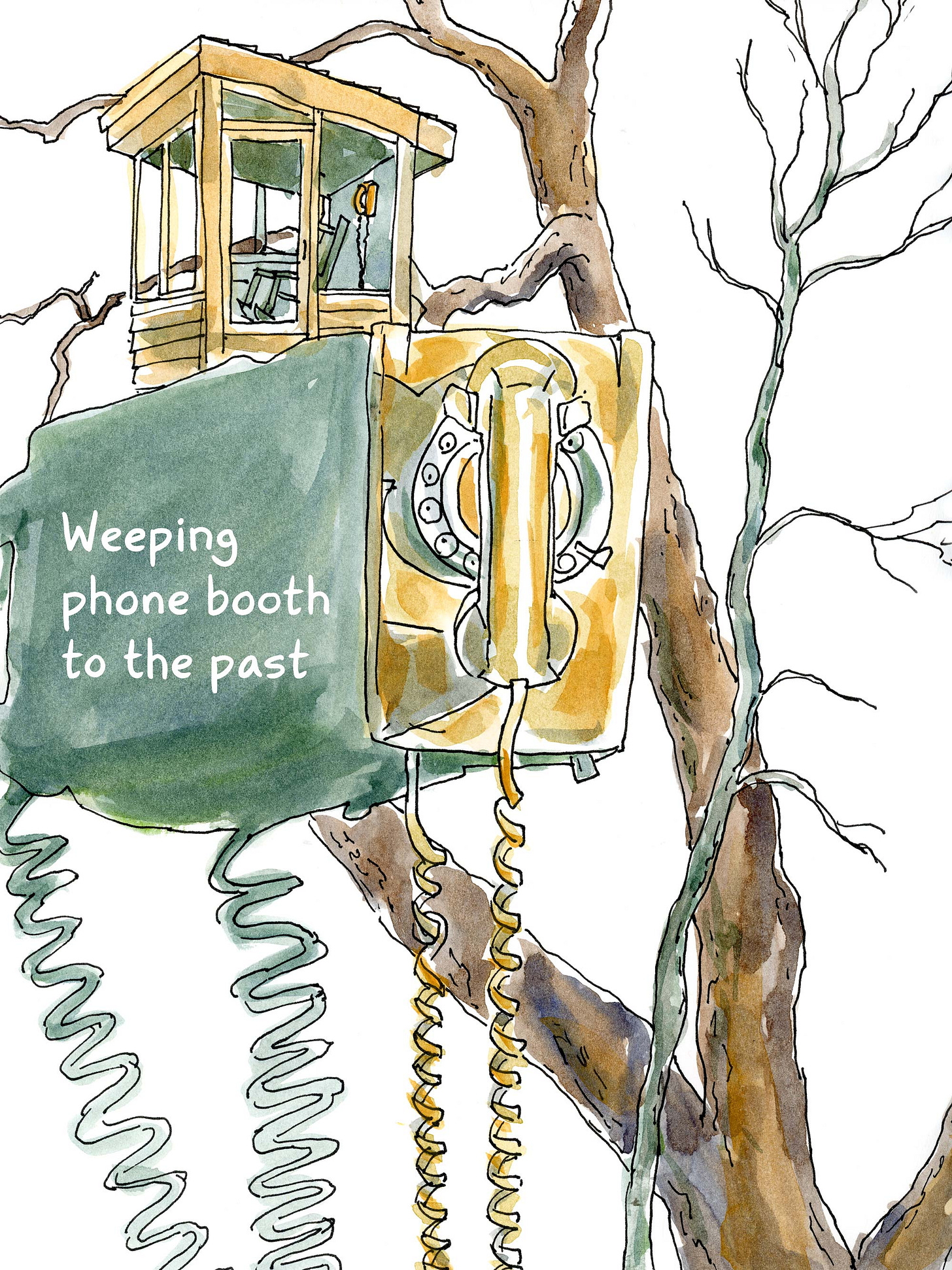 Watercolor comic by graphic novelist K. Woodman-Maynard of a shed and a phone booth, text reads “weeping phone booth to the past.”