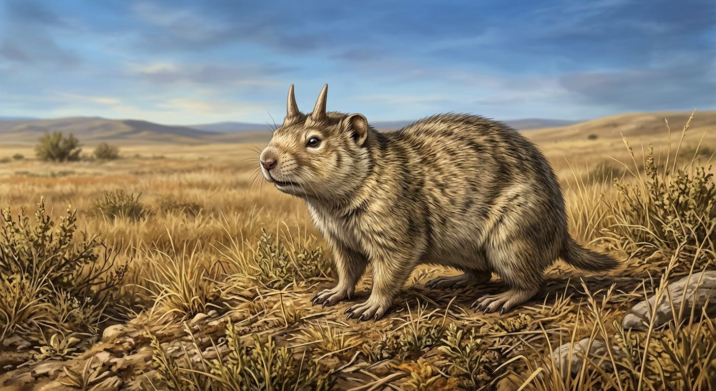 An extinct horned furry brown-beige gopher like animal staring out across a rolling prairie grasslands An extinct horned furry brown-beige gopher like animal staring out across a rolling prairie grasslands